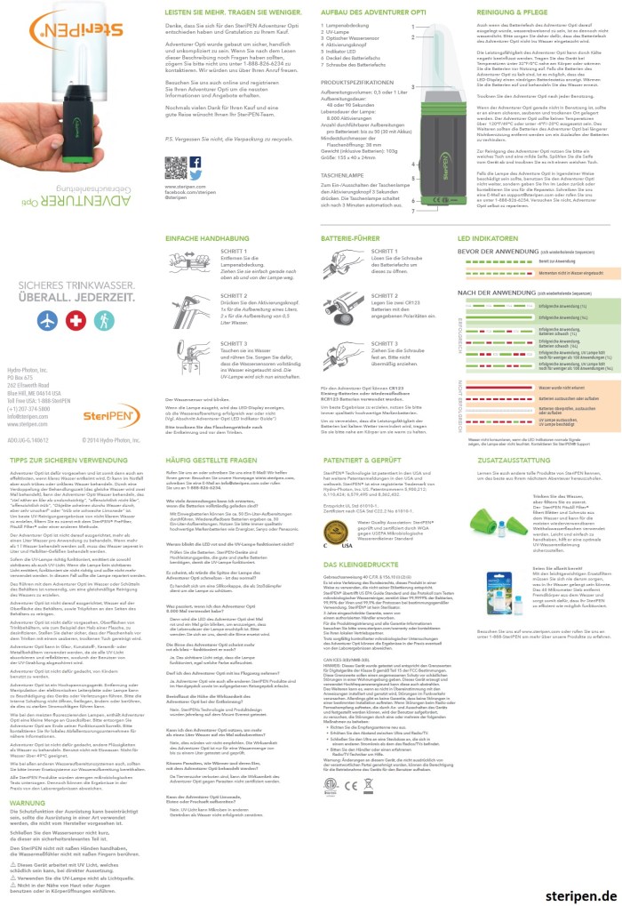 SteriPEN.de Adventure Opti Bedienungsanleitung Handbuch Anleitung Beschreibung User Manual