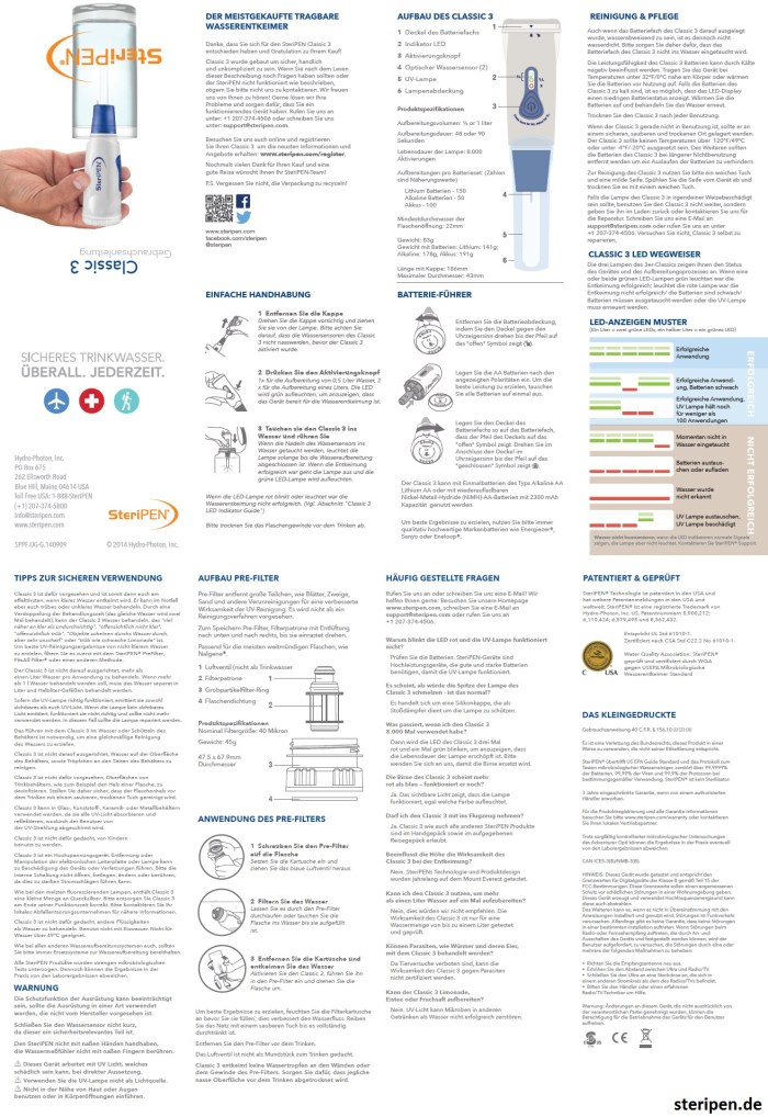 SteriPEN.de Classic Bedienungsanleitung Handbuch Anleitung Beschreibung User Manual
