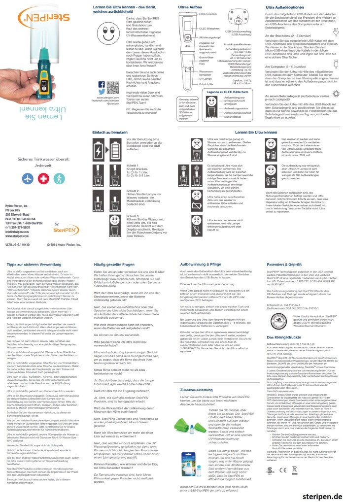 SteriPEN.de Ultra Bedienungsanleitung Handbuch Anleitung Beschreibung User Manual